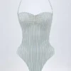 Bañador halter con aberturas Biarritz en rayas dobles verde azulado