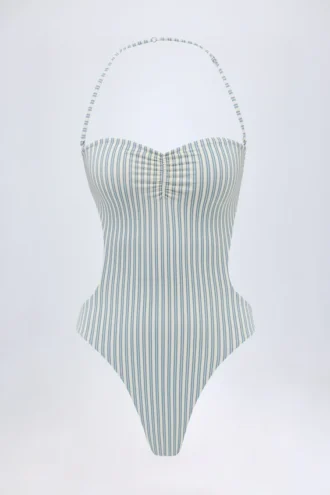 Bañador halter con aberturas Biarritz en rayas dobles verde azulado