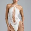 Bodis de verano con cuello halter y cordones en color marfil