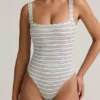 Body Jolla de modal con cuello cuadrado en rayas azules y amarillas