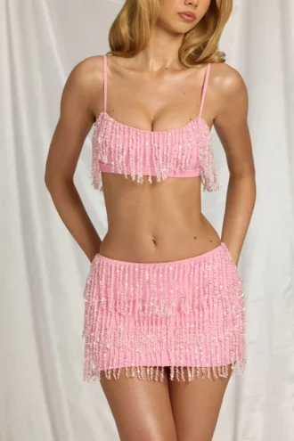 Falda de flecos de talle bajo Nessa en rosa algodón de azúcar