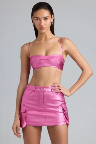 Bralette corta de denim metalizado Kennedy en rosa intenso