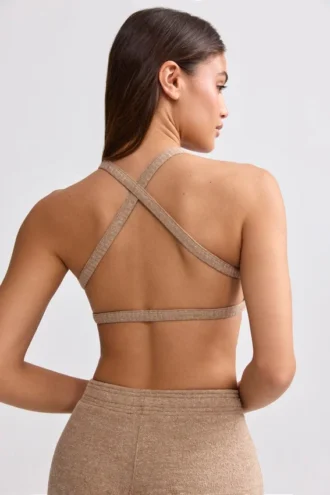 Bralette de cuello redondo en rizo de toalla, color marrón moca
