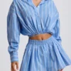 Camisa corta multiuso de popelín de algodón a rayas en azul