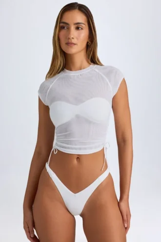 Camiseta corta con fruncidos y efecto transparente Santana en blanco