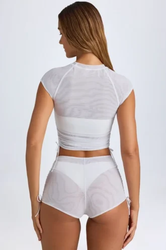 Camiseta corta con fruncidos y efecto transparente Santana en blanco