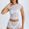 Camiseta corta con fruncidos y efecto transparente Santana en blanco