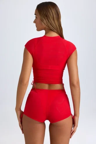 Camiseta corta fruncida transparente Santana en rojo intenso