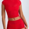 Camiseta corta fruncida transparente Santana en rojo intenso