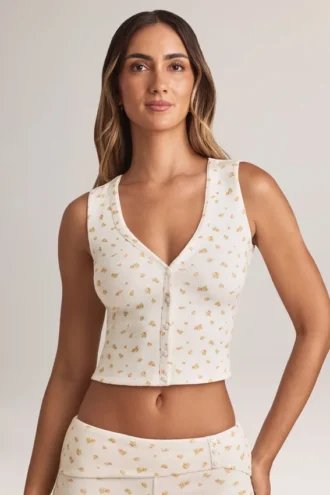 Camiseta sin mangas con botones de modal acanalado Lene en estampado floral