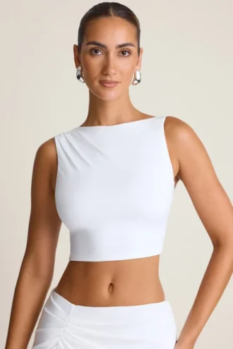 Camiseta sin mangas con espalda abierta y drapeado Ceylon en blanco