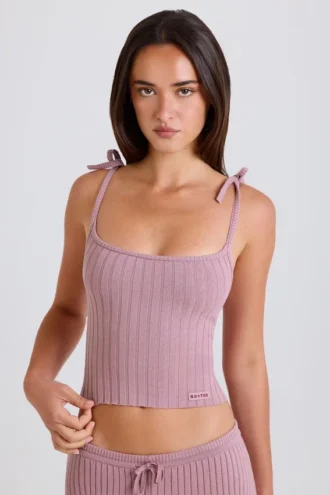 Camiseta sin mangas con lazo de punto acanalado en malva