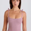 Camiseta sin mangas con lazo de punto acanalado en malva