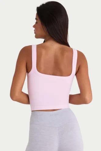 Camiseta sin mangas de cuello cuadrado con ribete suave y sin costuras en rosa empolvado