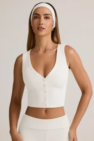 Chaleco con botones de modal acanalado Lene en blanco
