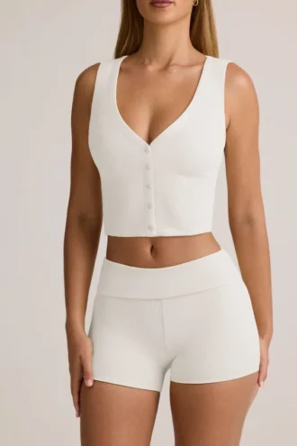 Chaleco con botones de modal acanalado Lene en blanco