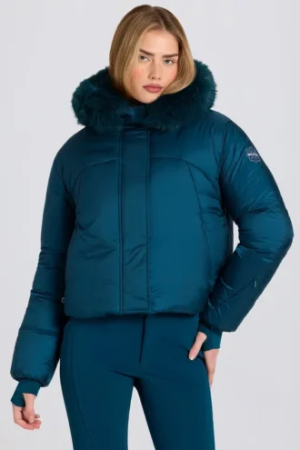 Chaqueta de esquí corta impermeable con capucha de pelo sintético en color verde azulado