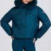 Chaqueta de esquí corta impermeable con capucha de pelo sintético en color verde azulado