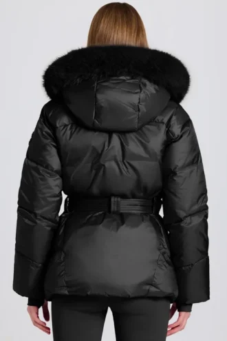 Chaqueta de esquí impermeable con capucha de piel sintética en negro