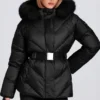 Chaqueta de esquí impermeable con capucha de piel sintética en negro