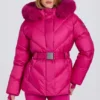 Chaqueta de esquí impermeable con capucha de piel sintética en rosa magenta