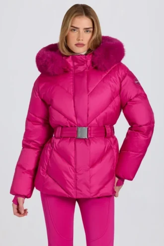 Chaqueta de esquí impermeable con capucha de piel sintética en rosa magenta