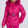 Chaqueta de esquí impermeable con capucha de piel sintética en rosa magenta
