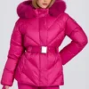 Chaqueta de esquí impermeable con capucha de piel sintética en rosa magenta