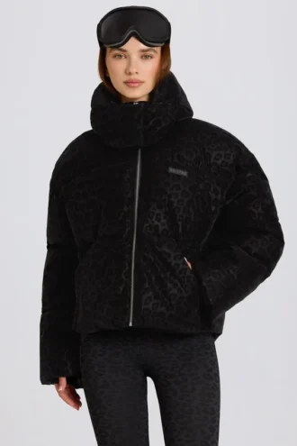 Chaqueta de esquí oversize corta e impermeable en leopardo negro