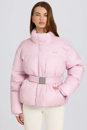 Chaqueta de esquí oversize impermeable con cinturón en rosa nieve