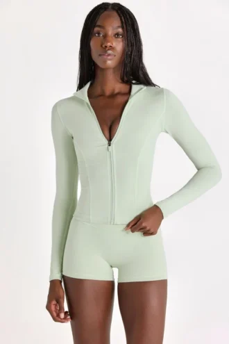 Chaqueta deportiva suave con cremallera en verde salvia jaspeado