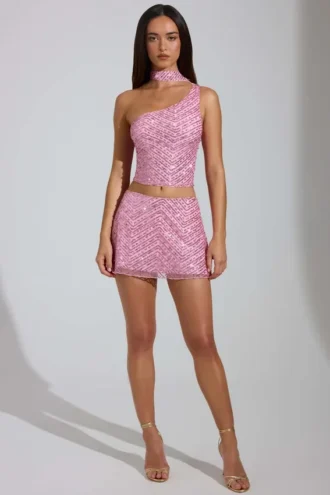 Falda A-line de talle bajo con adornos Adhara en rosa
