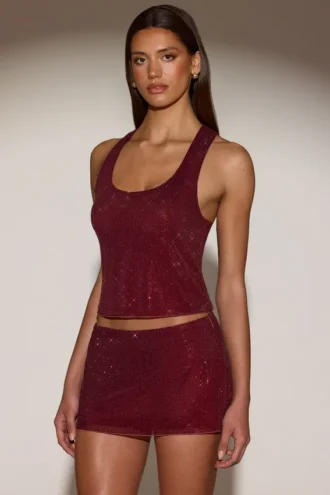 Top Aine de jersey con cuello redondo y espalda nadadora, adornado, en color burdeos