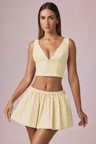 Falda con cordón y fruncidos Maira en rayas amarillo limón
