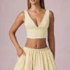 Falda con cordón y fruncidos Maira en rayas amarillo limón