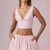 Falda con cordón y fruncidos Maira en rayas malva suave