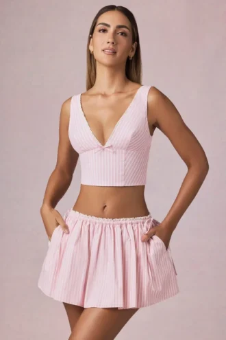 Falda con cordón y fruncidos Maira en rayas malva suave