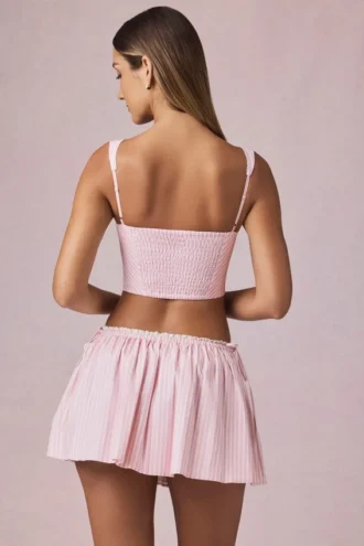 Falda con cordón y fruncidos Maira en rayas malva suave