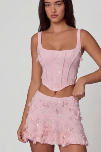 Falda de corte A de talle medio con adornos Lorelei en rosa suave