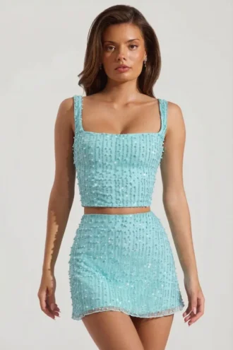 Falda de talle bajo con adornos Jianna en azul aguamarina
