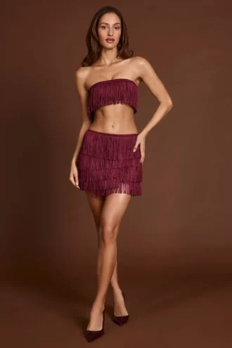Falda de talle medio con flecos Maristella en rojo vino
