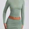 Falda de talle medio con fruncidos Cali Modal en verde salvia