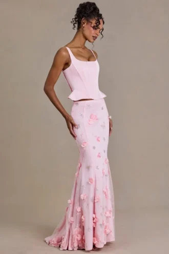 Falda de tul adornada Opaline Premium en rosa bebé