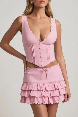 Falda de volantes en capas de talle bajo Lorena en rosa suave