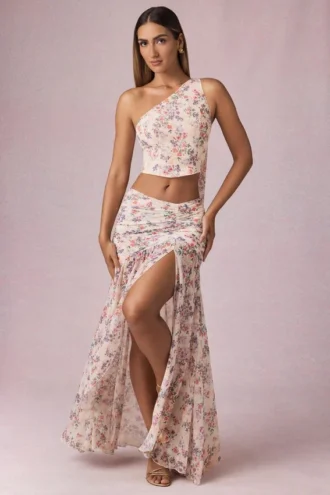 Falda larga asimétrica con fruncidos Romy con estampado floral Primrose