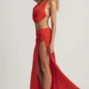 Falda larga con abertura y talle medio Keona en rojo chile
