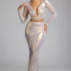 Falda larga de jersey metalizado de talle medio Zahra en dorado claro