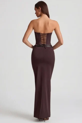 Falda larga de talle bajo a rayas Liora en marrón chocolate