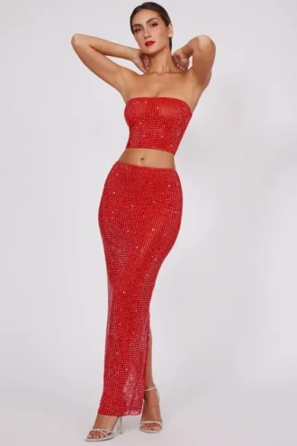 Falda larga de talle medio con adornos Fausta en rojo fuego