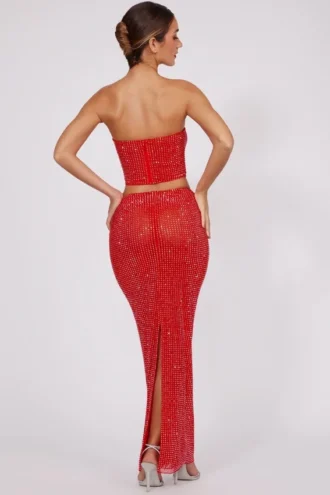 Falda larga de talle medio con adornos Fausta en rojo fuego